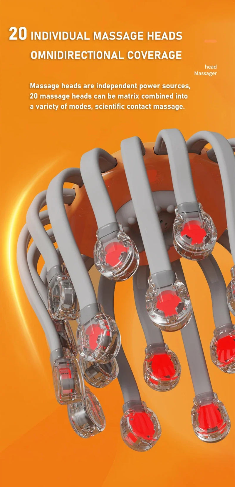 20Massage Heads Orange Scalp Head Massager Red Light Vibrator Octopus Scratcher for Relaxation Stress Migraine